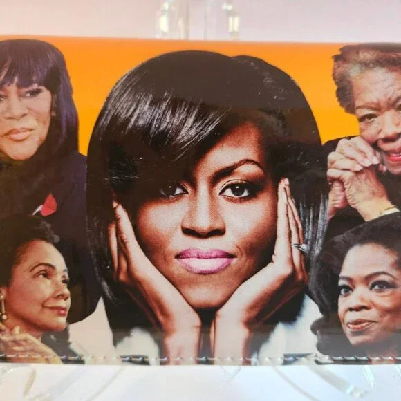 Glossy orange patent leather clutch wallet w/ images of famous women. - Picture 2 of 5